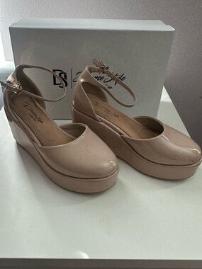 Glossy Beige Platform Wedge with Ankle Strap